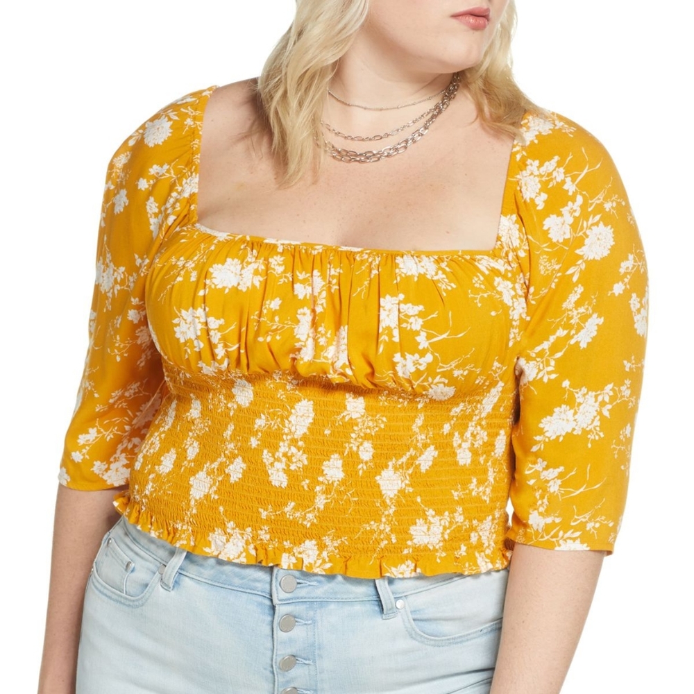 Plus Size BP. 3/4 Mocked Yellow Floral Crop Top